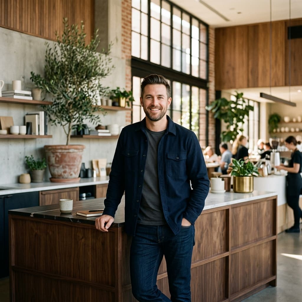 Confident multi-location brand operator smiling in a modern store